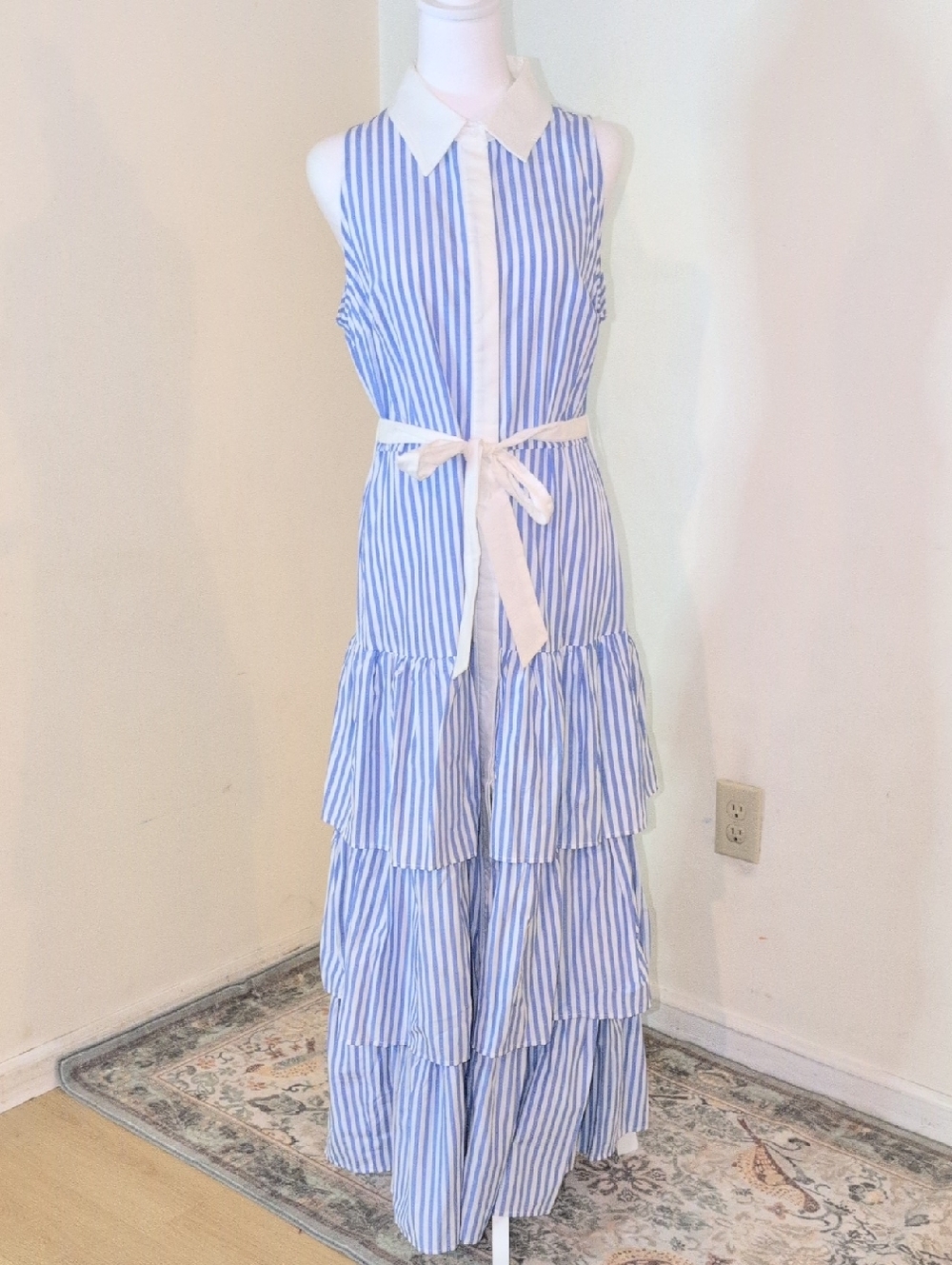 FORE Blue & White Striped Sleeveless Tiered Maxi Dress with Tie